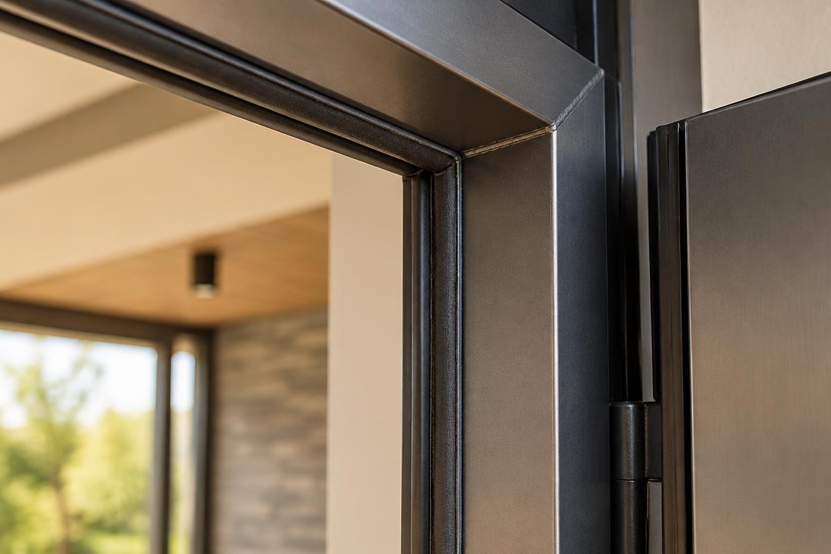 Close-up of a sturdy metal door frame installation